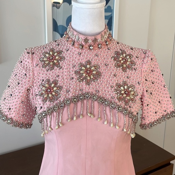 Vintage Dresses & Skirts - Vintage Chinese Silk Beaded Dress Pink Maxi Cheongsam Style Embellished Formal G